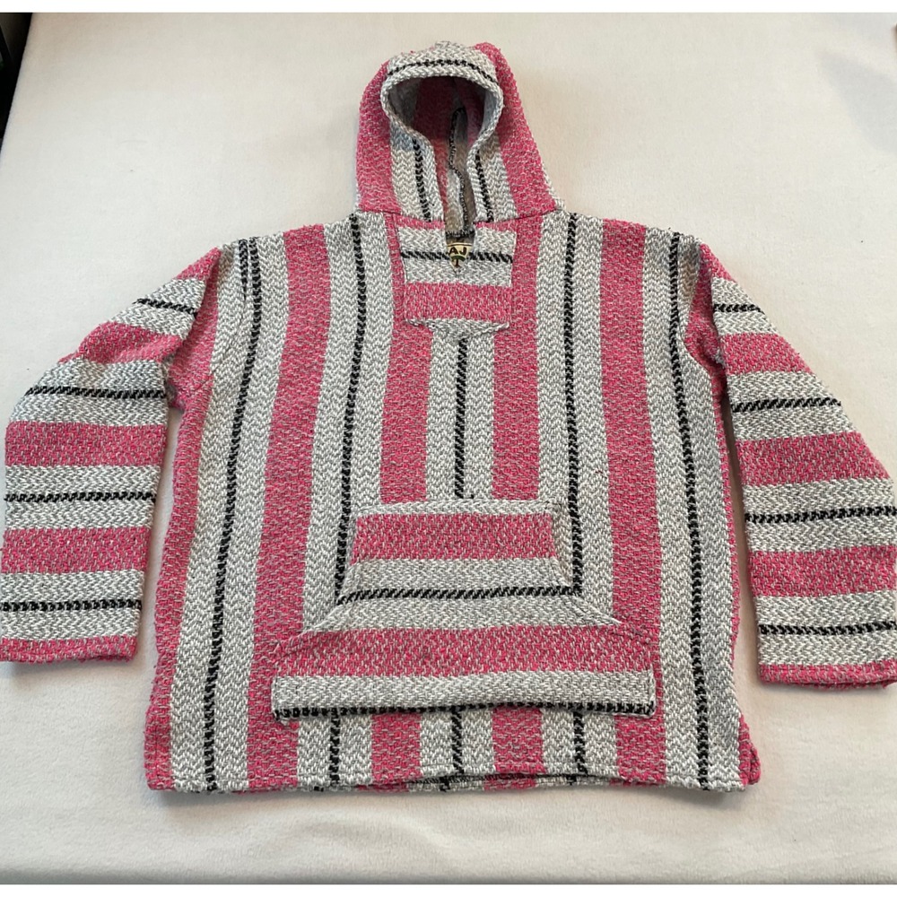 Baja Joe Pink Gray Striped Woven Hoodie Pullover Long Sleeve Pocket Large
